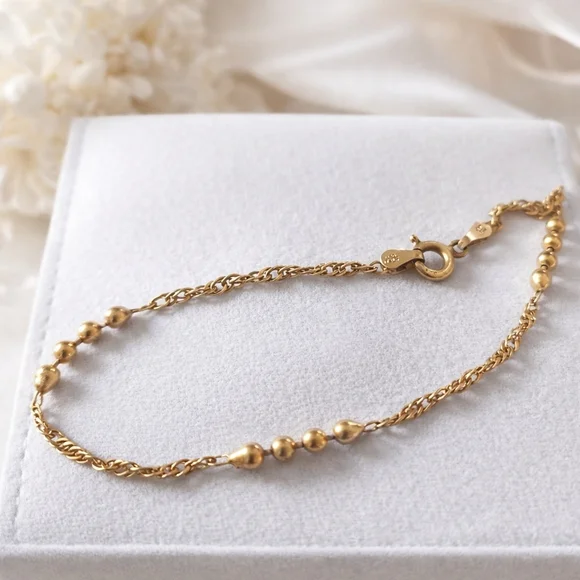 925 Sterling Silver Gold Dipped Beaded Bracelet | Delicate Chain - Picture 1 of 2